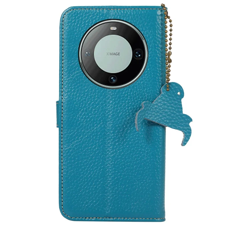 Genuine Cow Leather Case for Huawei Mate 60 RFID Blocking Wallet Litchi Texture Phone Cover - Blue