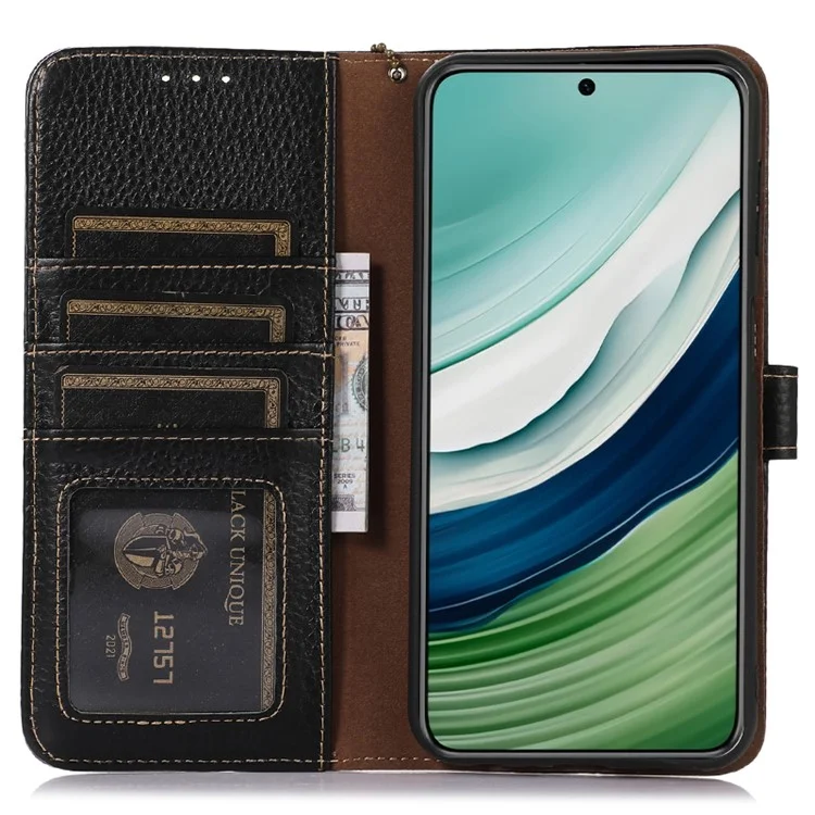 Для Huawei Mate 60 Pro RFID-блокирующая кошелек-обложка Litchi Texture Genuine Cow Leather Phone Case - Черный