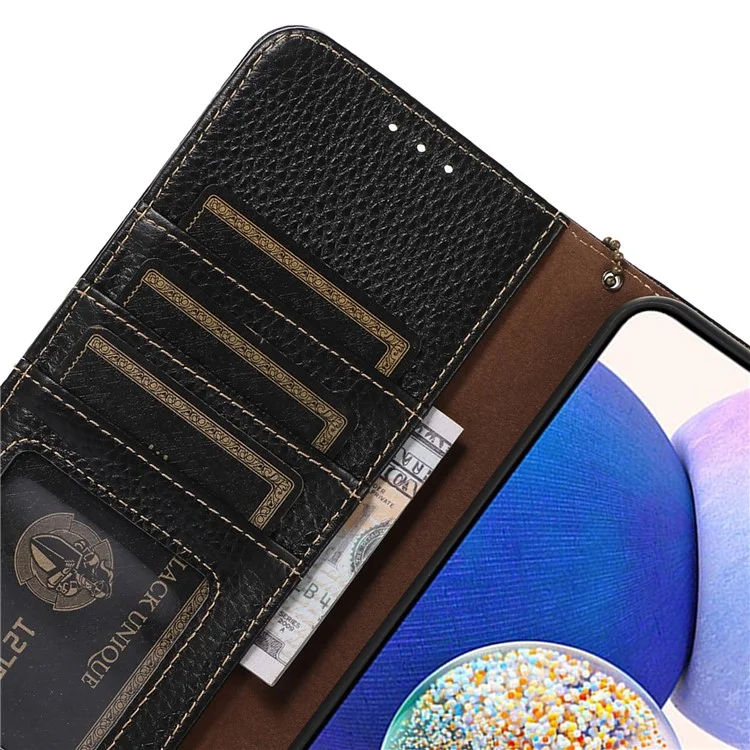 Для Huawei Mate 60 Pro RFID-блокирующая кошелек-обложка Litchi Texture Genuine Cow Leather Phone Case - Черный