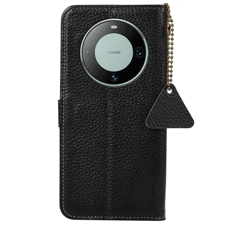 Для Huawei Mate 60 Pro RFID-блокирующая кошелек-обложка Litchi Texture Genuine Cow Leather Phone Case - Черный