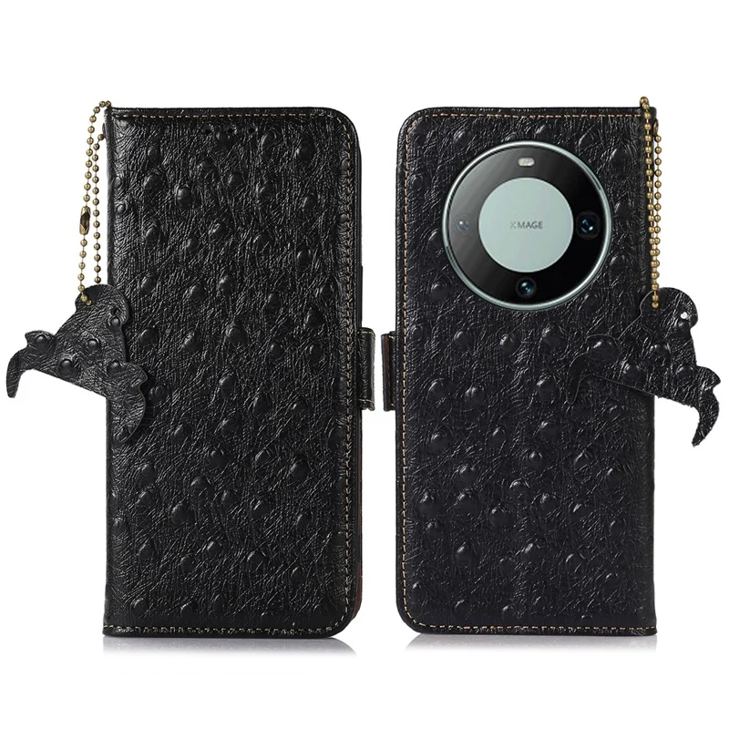 RFID Blocking Phone Case for Huawei Mate 60 Pro Genuine Cow Leather Wallet Stand Cover - Black