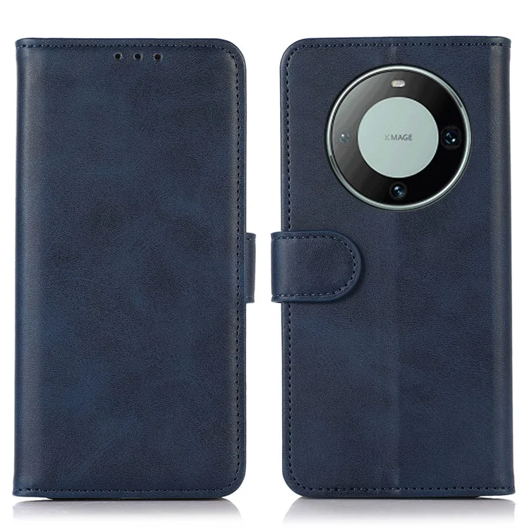 For Huawei Mate 60 Cowhide Texture Cell Phone Case Wallet Stand Anti-Fall Leather Cover - Blue