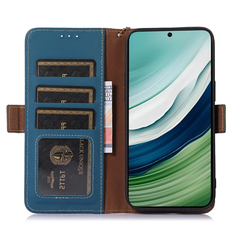 For Huawei Mate 60 RFID Blocking Genuine Cow Leather Case Silky Feeling Phone Stand Wallet Cover - Blue