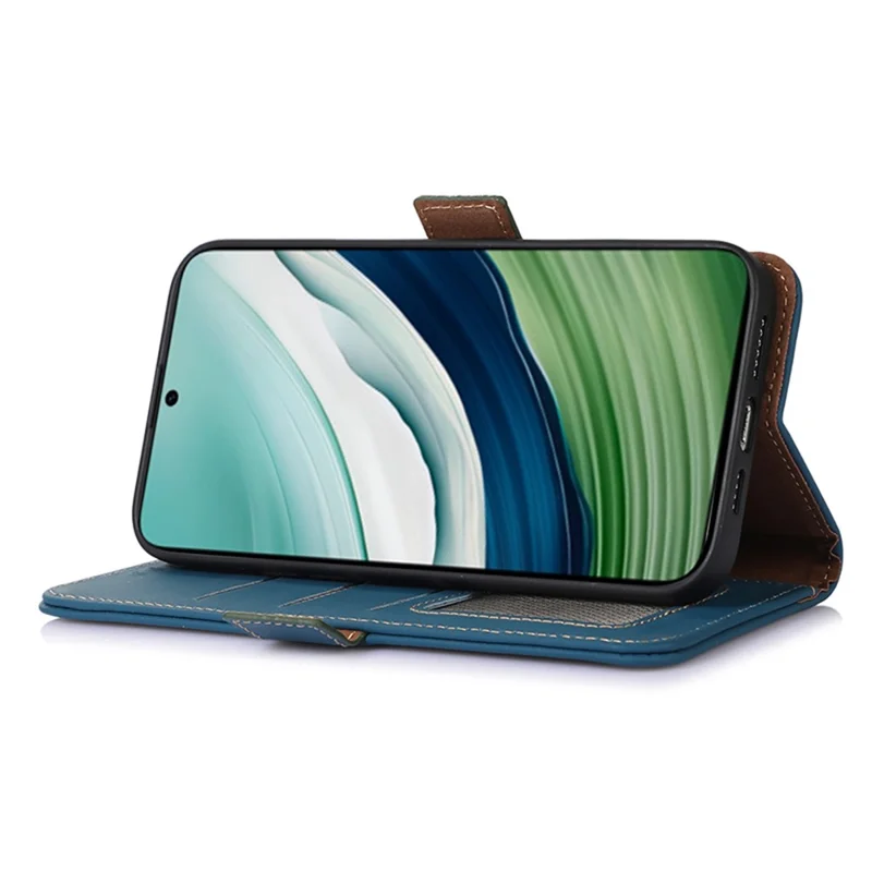 For Huawei Mate 60 RFID Blocking Genuine Cow Leather Case Silky Feeling Phone Stand Wallet Cover - Blue