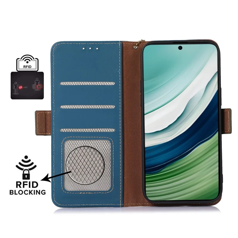 For Huawei Mate 60 RFID Blocking Genuine Cow Leather Case Silky Feeling Phone Stand Wallet Cover - Blue