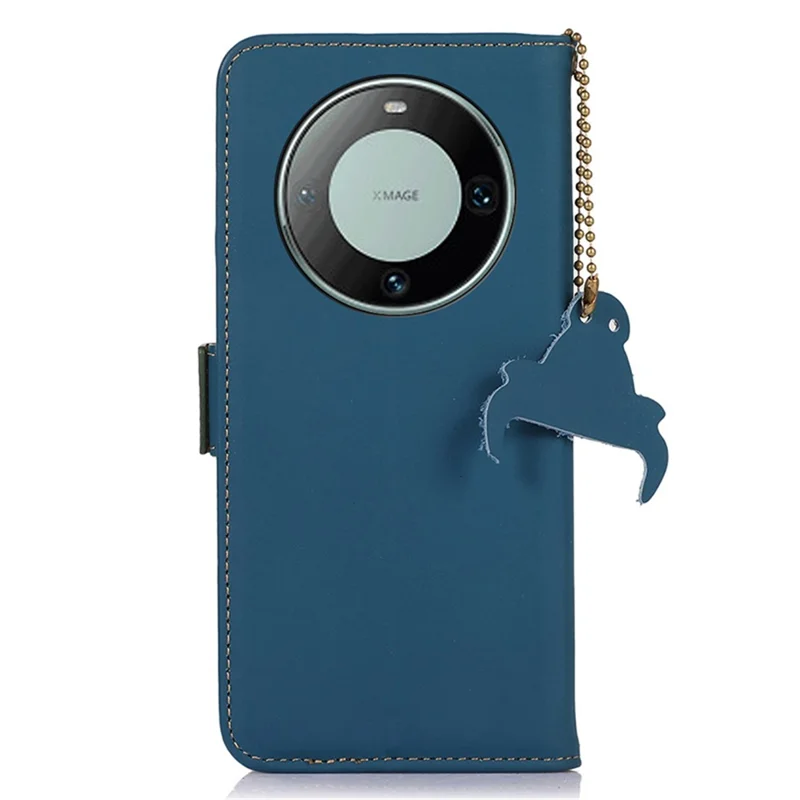 For Huawei Mate 60 RFID Blocking Genuine Cow Leather Case Silky Feeling Phone Stand Wallet Cover - Blue