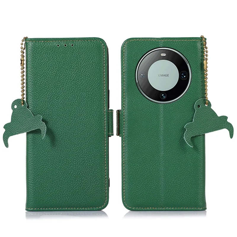 RFID Blocking Shell for Huawei Mate 60 , Litchi Texture Genuine Cow Leather Phone Case Wallet Stand Flip Cover - Green