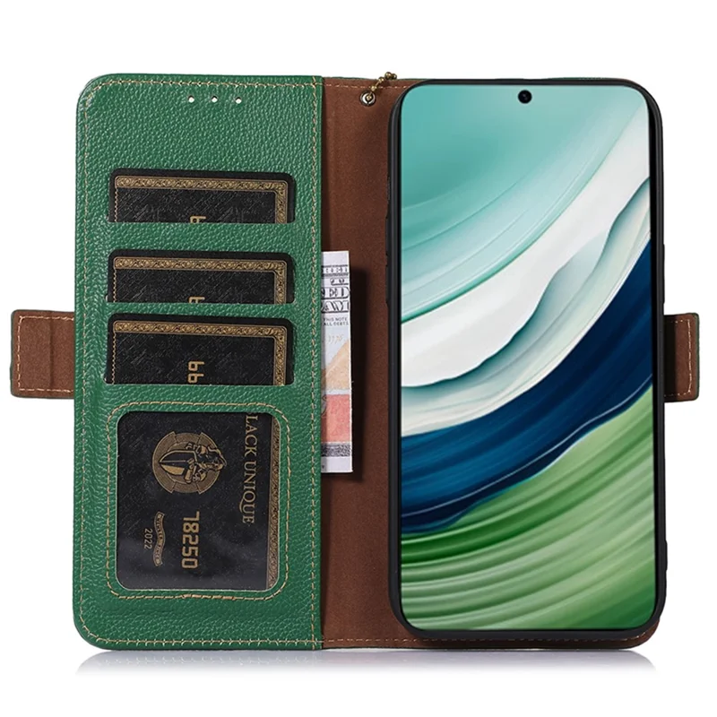 RFID Blocking Shell for Huawei Mate 60 , Litchi Texture Genuine Cow Leather Phone Case Wallet Stand Flip Cover - Green
