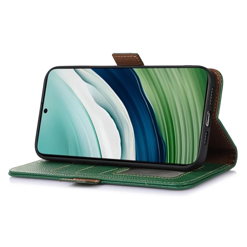 RFID Blocking Shell for Huawei Mate 60 , Litchi Texture Genuine Cow Leather Phone Case Wallet Stand Flip Cover - Green