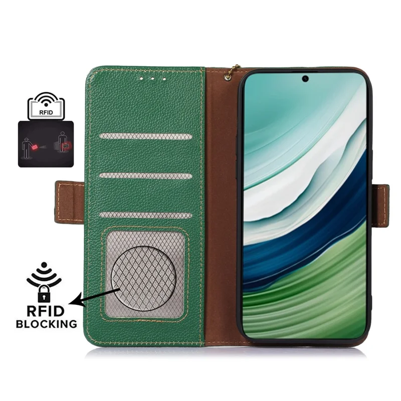 RFID Blocking Shell for Huawei Mate 60 , Litchi Texture Genuine Cow Leather Phone Case Wallet Stand Flip Cover - Green