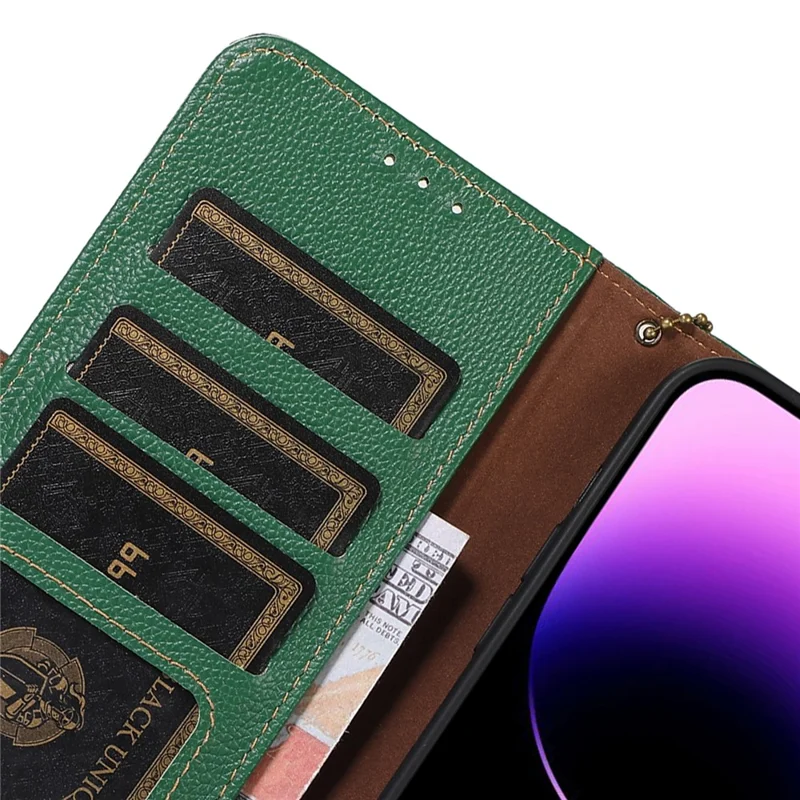 RFID Blocking Shell for Huawei Mate 60 , Litchi Texture Genuine Cow Leather Phone Case Wallet Stand Flip Cover - Green