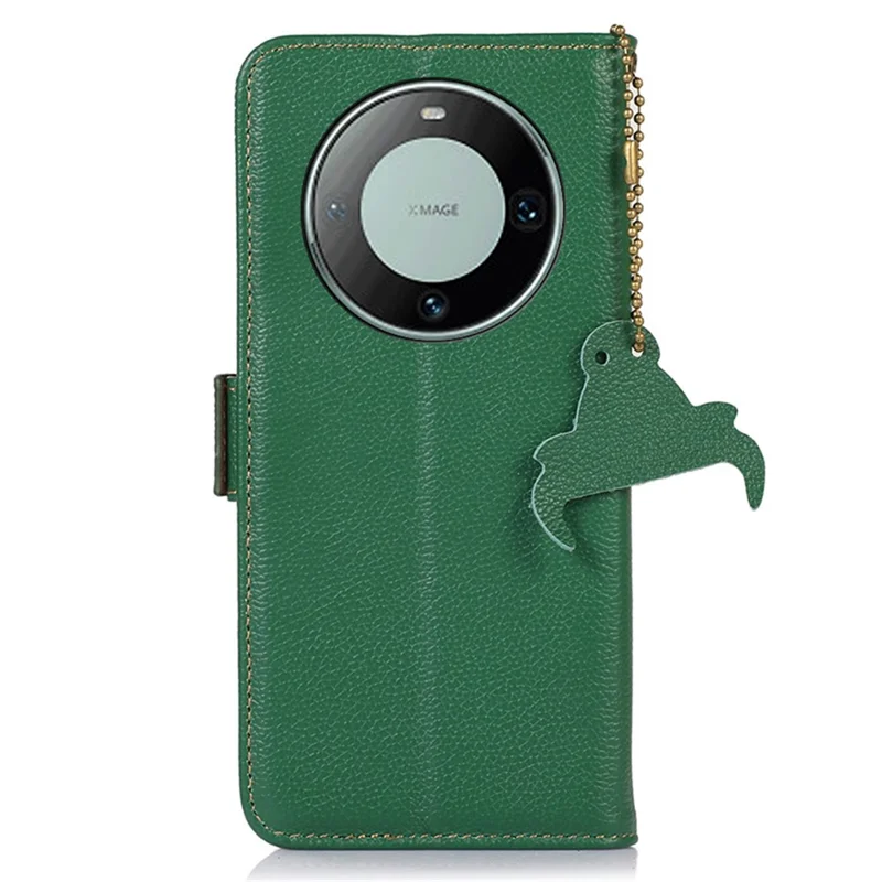 RFID Blocking Shell for Huawei Mate 60 , Litchi Texture Genuine Cow Leather Phone Case Wallet Stand Flip Cover - Green