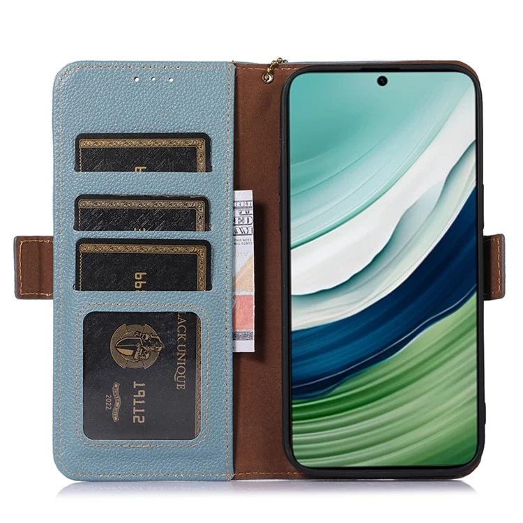 RFID-blockierendes Gehäuse für Huawei Mate 60, Litchi-Textur echtes Rindsleder-Handyhülle Brieftasche Ständer Flip-Cover - Blau