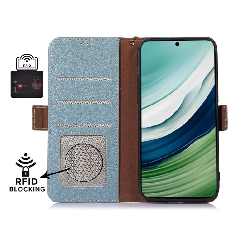 RFID-blockierendes Gehäuse für Huawei Mate 60, Litchi-Textur echtes Rindsleder-Handyhülle Brieftasche Ständer Flip-Cover - Blau