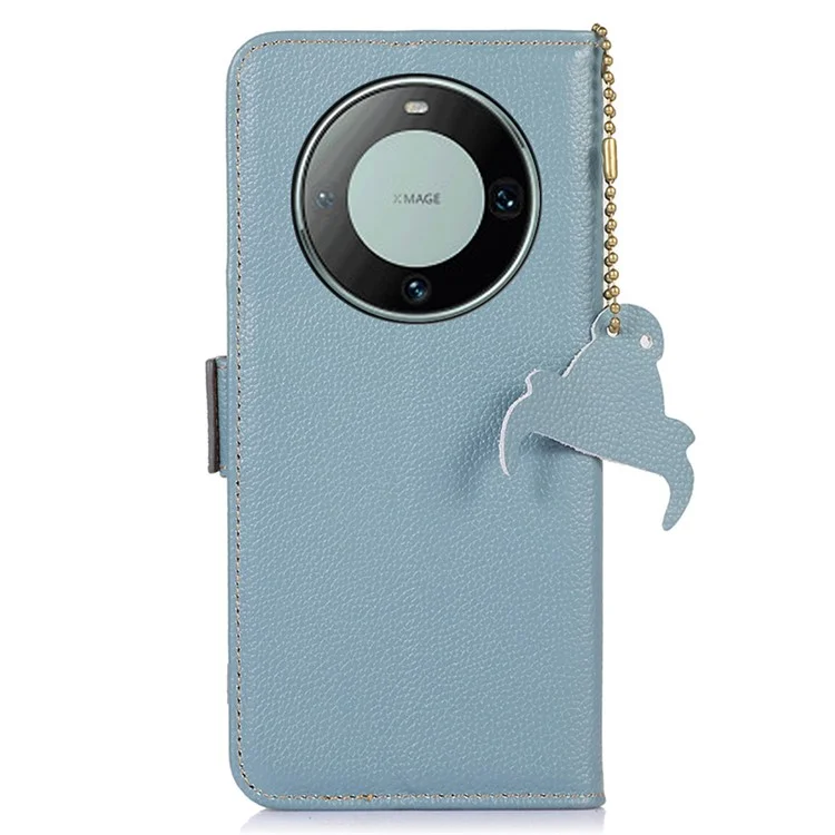 RFID-blockierendes Gehäuse für Huawei Mate 60, Litchi-Textur echtes Rindsleder-Handyhülle Brieftasche Ständer Flip-Cover - Blau