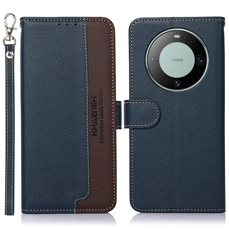 KHAZNEH RFID Blocking Case per Huawei Mate 60, Anti-graffio Litchi Texture Phone Shell Wallet Stand Leather Cover - Blu