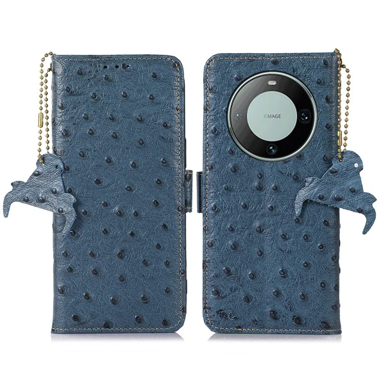 Para Huawei Mate 60 Genuine Cow Leather RFID Blocking Drop Proof Case Wallet Stand Phone Cover - Blue