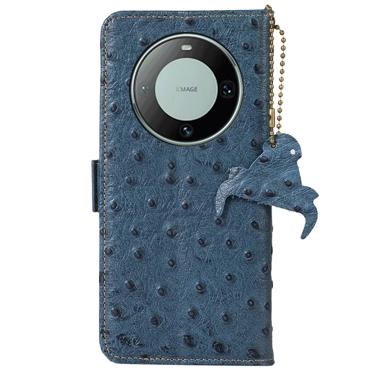 Para Huawei Mate 60 Genuine Cow Leather RFID Blocking Drop Proof Case Wallet Stand Phone Cover - Blue