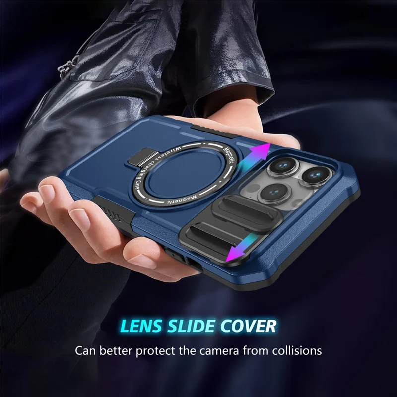 Custodia per telefono con cavalletto per iPhone 15 Pro compatibile con MagSafe PC+TPU Custodia per telefono con copertura scorrevole per lente - Zaffiro