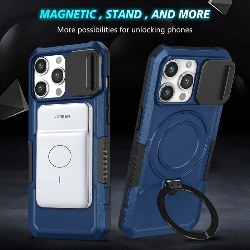 Custodia per telefono con cavalletto per iPhone 15 Pro compatibile con MagSafe PC+TPU Custodia per telefono con copertura scorrevole per lente - Zaffiro