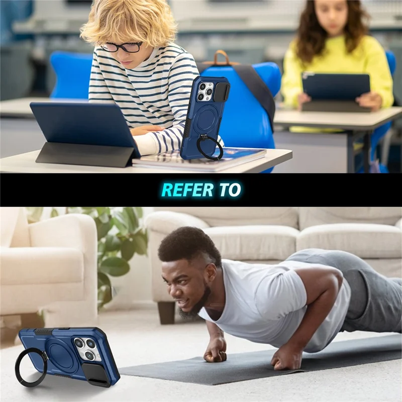 Custodia per telefono con cavalletto per iPhone 15 Pro compatibile con MagSafe PC+TPU Custodia per telefono con copertura scorrevole per lente - Zaffiro
