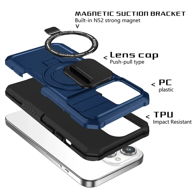 Custodia per telefono con cavalletto per iPhone 15 Pro compatibile con MagSafe PC+TPU Custodia per telefono con copertura scorrevole per lente - Zaffiro