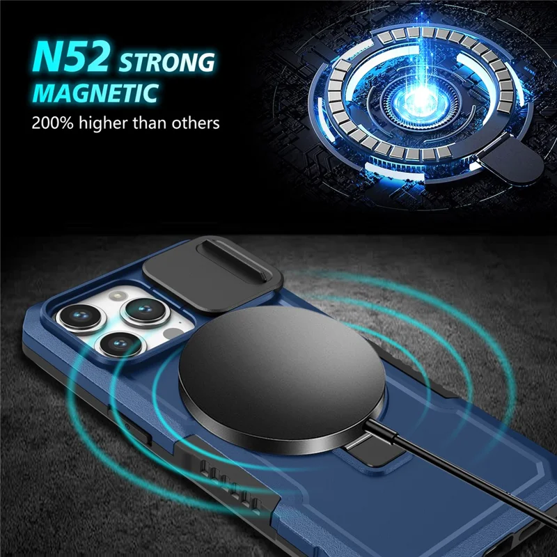 Custodia per telefono con cavalletto per iPhone 15 Pro compatibile con MagSafe PC+TPU Custodia per telefono con copertura scorrevole per lente - Zaffiro