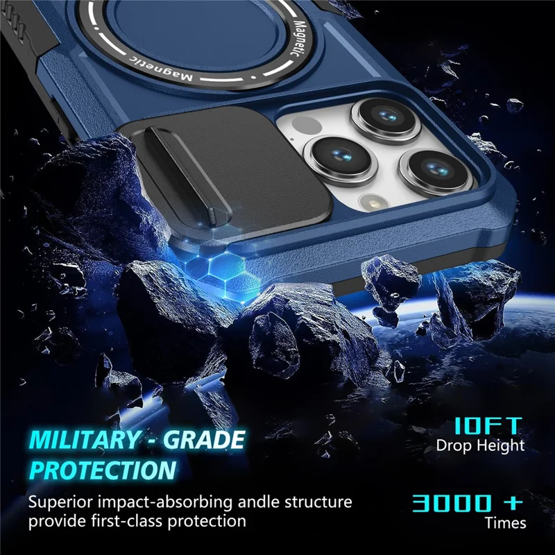 Custodia per telefono con cavalletto per iPhone 15 Pro compatibile con MagSafe PC+TPU Custodia per telefono con copertura scorrevole per lente - Zaffiro