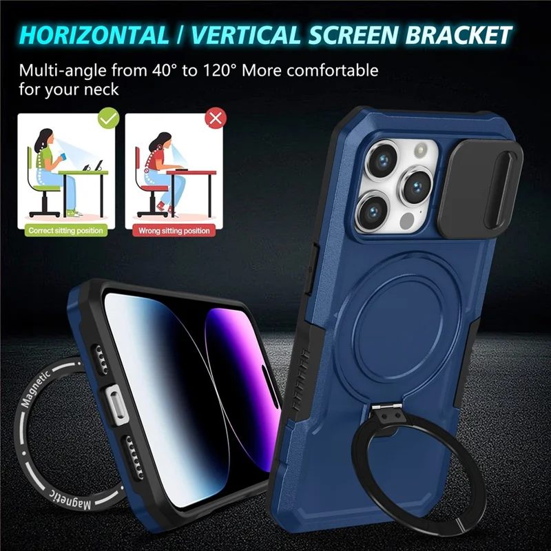 Custodia per telefono con cavalletto per iPhone 15 Pro compatibile con MagSafe PC+TPU Custodia per telefono con copertura scorrevole per lente - Zaffiro