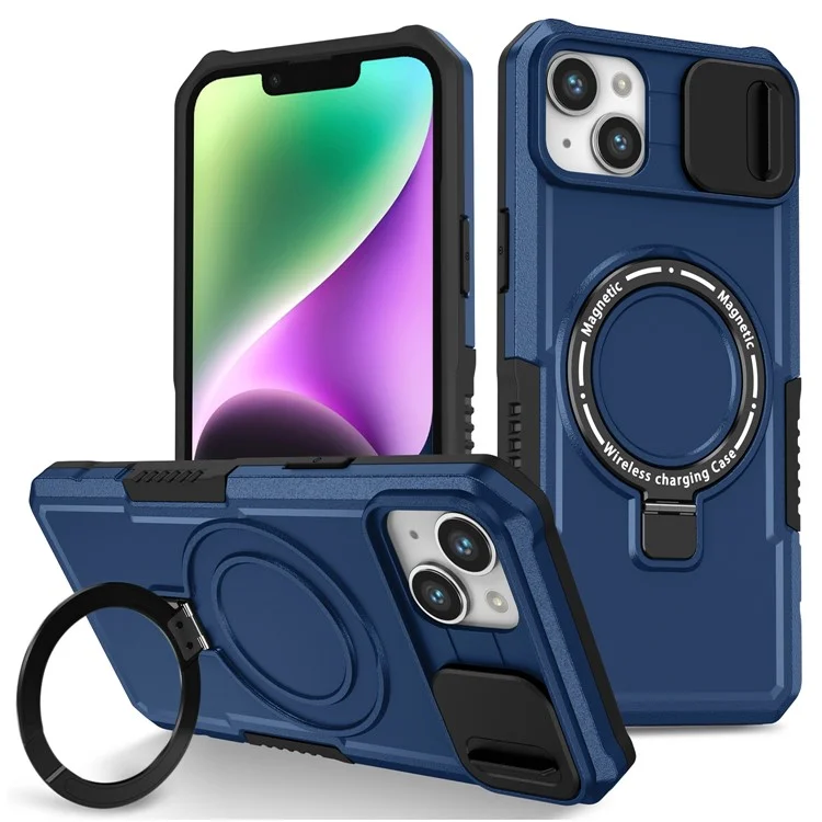 PC+TPU Phone Case for iPhone 15 Compatible with MagSafe Kickstand Cover with Sliding Lens Guard - Sapphire