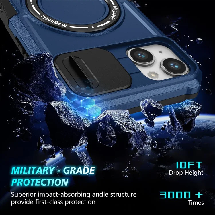 PC+TPU Phone Case for iPhone 15 Compatible with MagSafe Kickstand Cover with Sliding Lens Guard - Sapphire