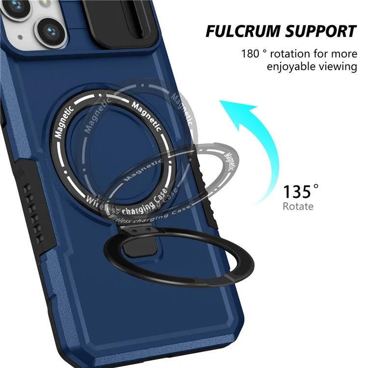 PC+TPU Phone Case for iPhone 15 Compatible with MagSafe Kickstand Cover with Sliding Lens Guard - Sapphire