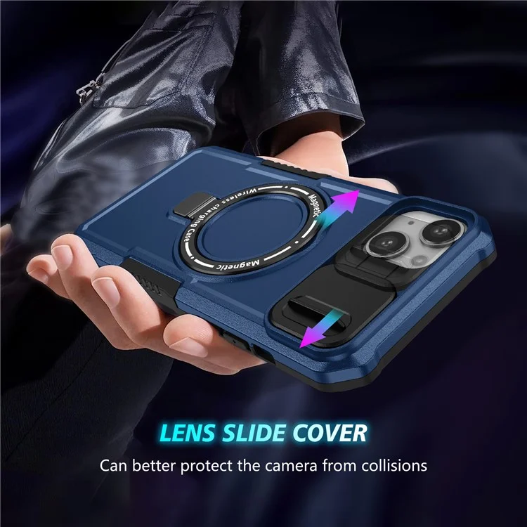 PC+TPU Phone Case for iPhone 15 Compatible with MagSafe Kickstand Cover with Sliding Lens Guard - Sapphire