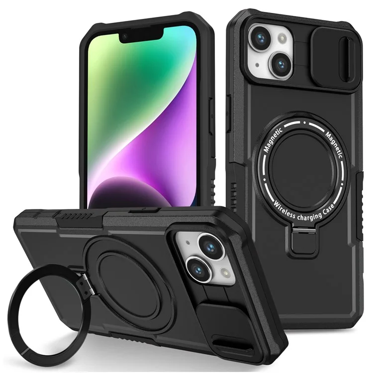 Custodia per Kickstand Phone Case per iPhone 15 Plus Compatibile con MagSafe Anti-Drop PC+TPU Cover con Sliding Lens Guard - Nero