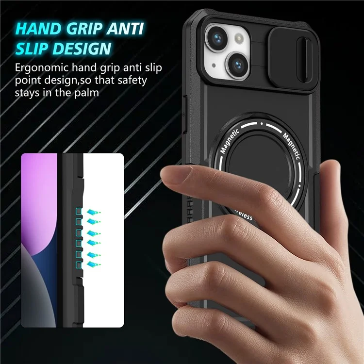 Custodia per Kickstand Phone Case per iPhone 15 Plus Compatibile con MagSafe Anti-Drop PC+TPU Cover con Sliding Lens Guard - Nero