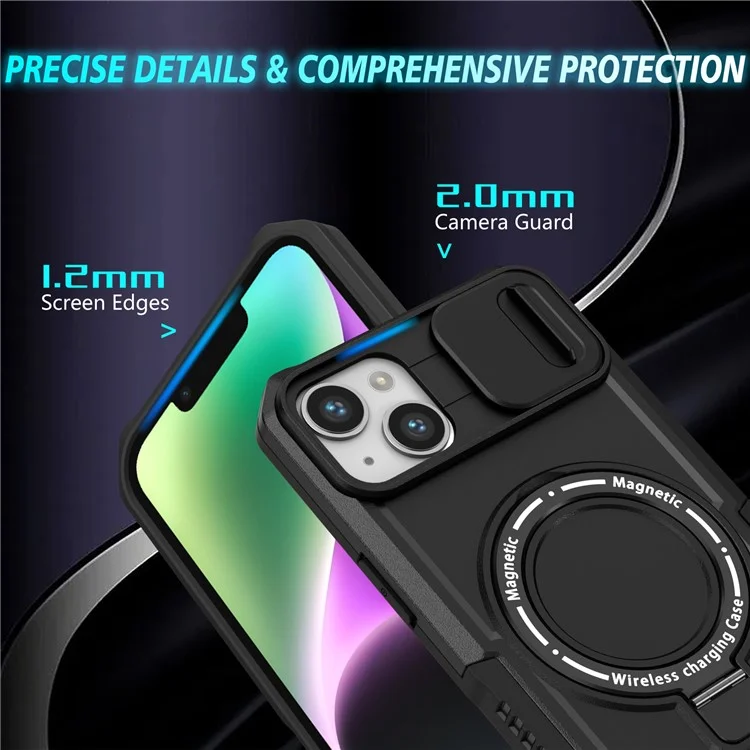 Custodia per Kickstand Phone Case per iPhone 15 Plus Compatibile con MagSafe Anti-Drop PC+TPU Cover con Sliding Lens Guard - Nero