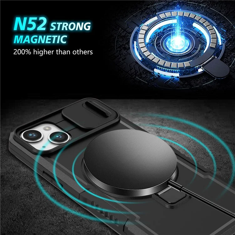 Custodia per Kickstand Phone Case per iPhone 15 Plus Compatibile con MagSafe Anti-Drop PC+TPU Cover con Sliding Lens Guard - Nero