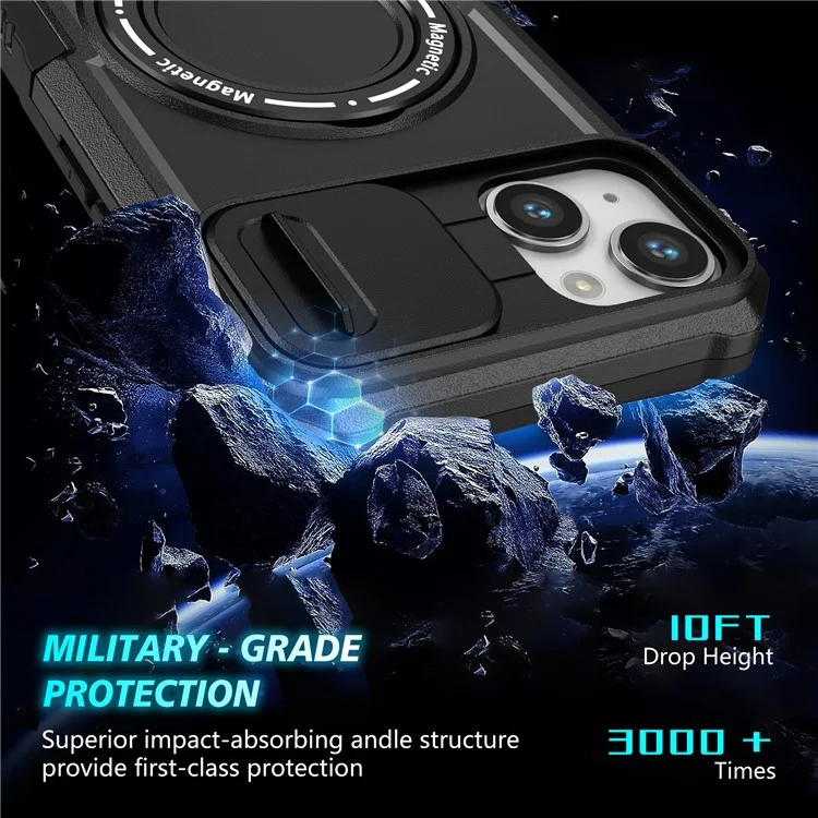 Custodia per Kickstand Phone Case per iPhone 15 Plus Compatibile con MagSafe Anti-Drop PC+TPU Cover con Sliding Lens Guard - Nero