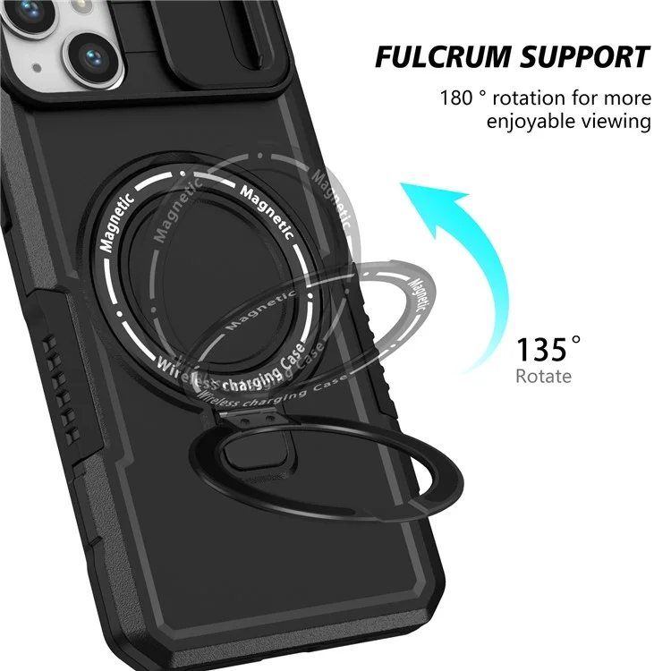 Custodia per Kickstand Phone Case per iPhone 15 Plus Compatibile con MagSafe Anti-Drop PC+TPU Cover con Sliding Lens Guard - Nero