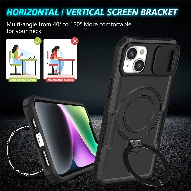 Custodia per Kickstand Phone Case per iPhone 15 Plus Compatibile con MagSafe Anti-Drop PC+TPU Cover con Sliding Lens Guard - Nero