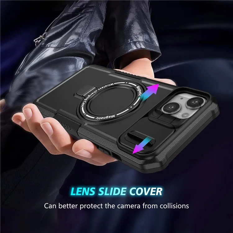 Custodia per Kickstand Phone Case per iPhone 15 Plus Compatibile con MagSafe Anti-Drop PC+TPU Cover con Sliding Lens Guard - Nero