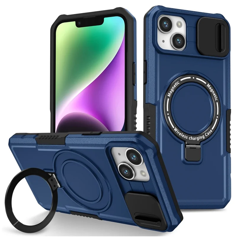 Kickstand Phone Case for iPhone 15 Plus Compatible with MagSafe Anti-Drop PC+TPU Cover with Sliding Lens Guard - Sapphire