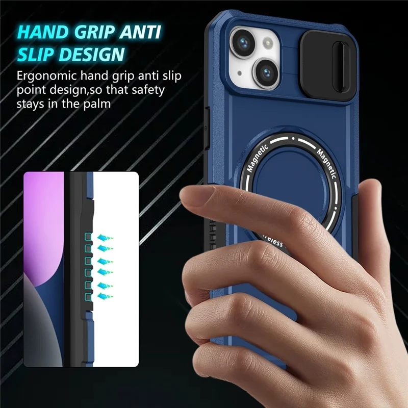 Kickstand Phone Case for iPhone 15 Plus Compatible with MagSafe Anti-Drop PC+TPU Cover with Sliding Lens Guard - Sapphire
