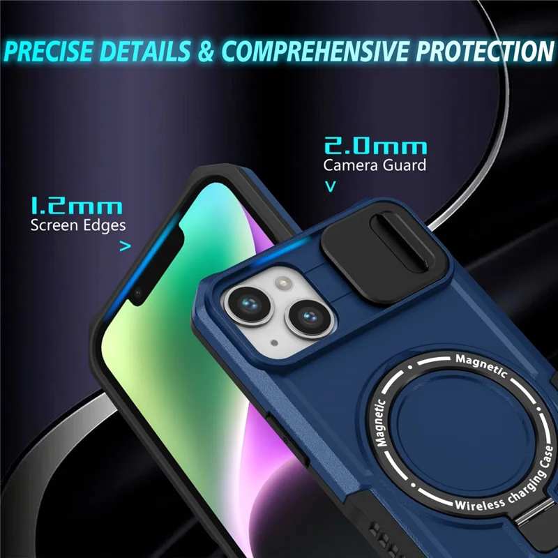 Kickstand Phone Case for iPhone 15 Plus Compatible with MagSafe Anti-Drop PC+TPU Cover with Sliding Lens Guard - Sapphire
