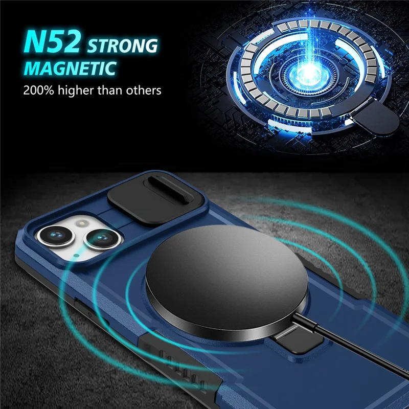 Kickstand Phone Case for iPhone 15 Plus Compatible with MagSafe Anti-Drop PC+TPU Cover with Sliding Lens Guard - Sapphire