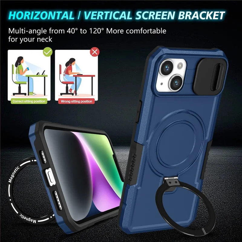 Kickstand Phone Case for iPhone 15 Plus Compatible with MagSafe Anti-Drop PC+TPU Cover with Sliding Lens Guard - Sapphire