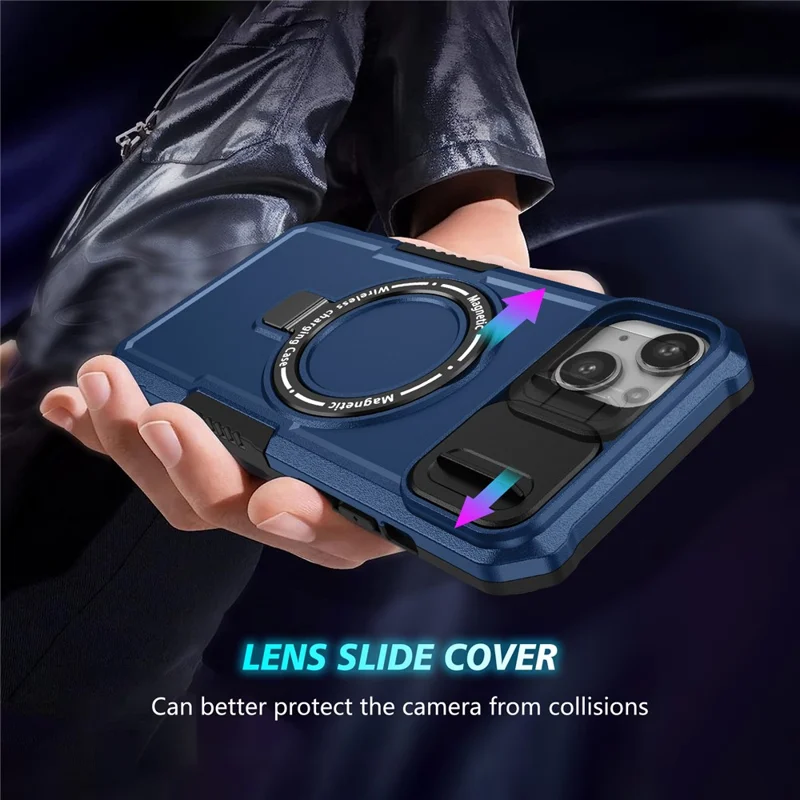 Kickstand Phone Case for iPhone 15 Plus Compatible with MagSafe Anti-Drop PC+TPU Cover with Sliding Lens Guard - Sapphire
