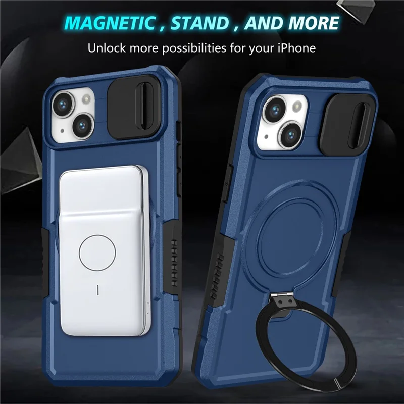 Kickstand Phone Case for iPhone 15 Plus Compatible with MagSafe Anti-Drop PC+TPU Cover with Sliding Lens Guard - Sapphire