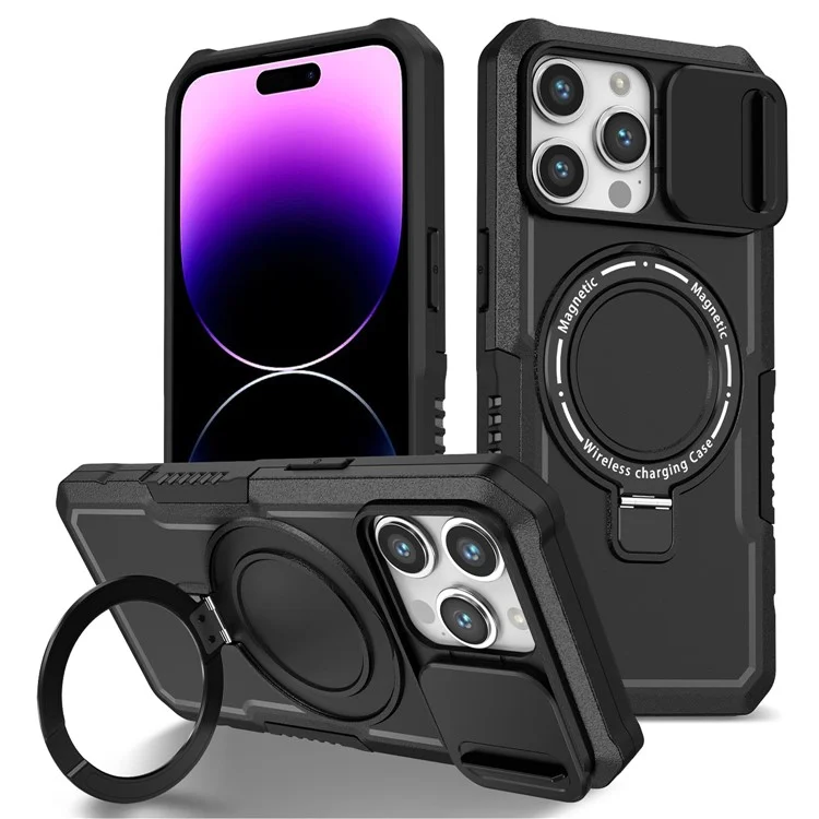 Coque de protection PC+TPU pour iPhone 15 Pro Max compatible avec MagSafe Sliding Lens Cover Protective Phone Shell - Noir