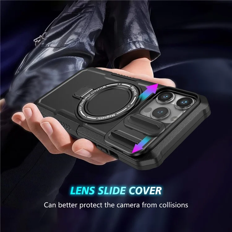Coque de protection PC+TPU pour iPhone 15 Pro Max compatible avec MagSafe Sliding Lens Cover Protective Phone Shell - Noir